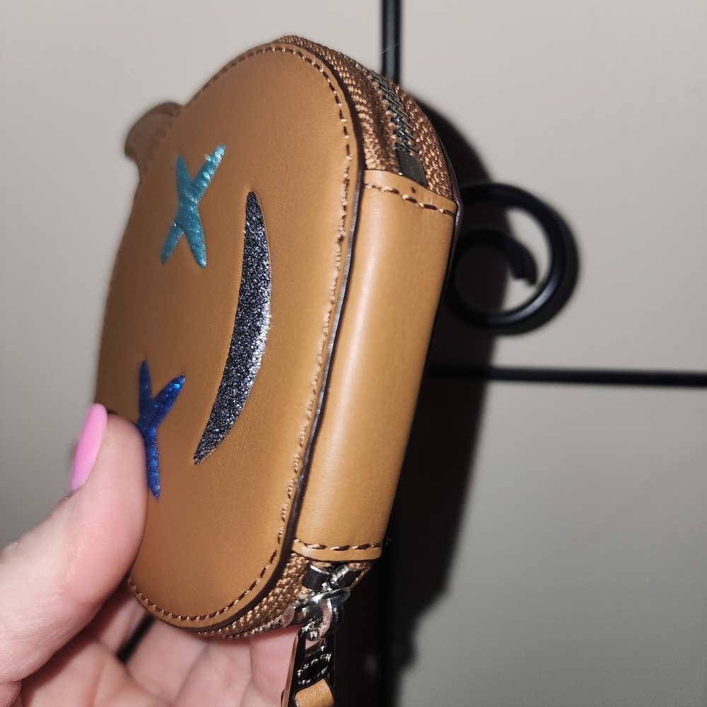 Coach New York Emoji Glitter Smiling Devil Frisky Brown Leather Coin Purse Pouch - Picture 2 of 5